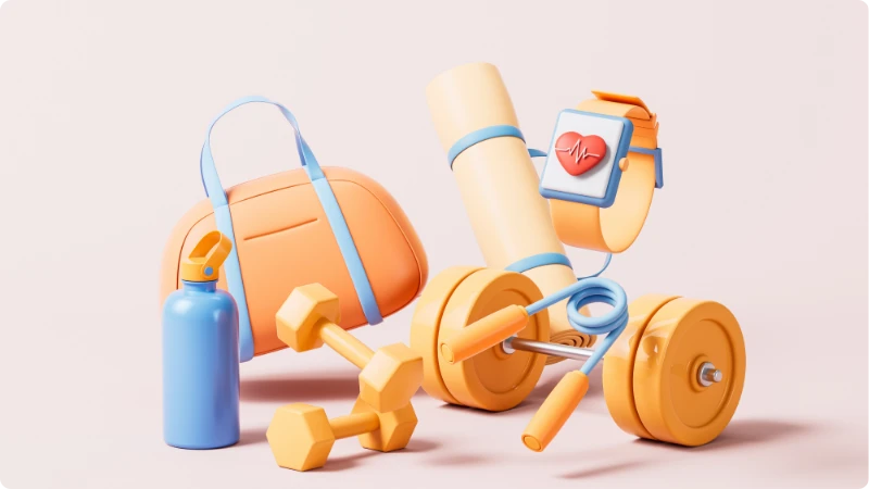 Uma imagem estilo cartoon com objetos que descrevem os 10 hábitos diários para a saúde em dia.