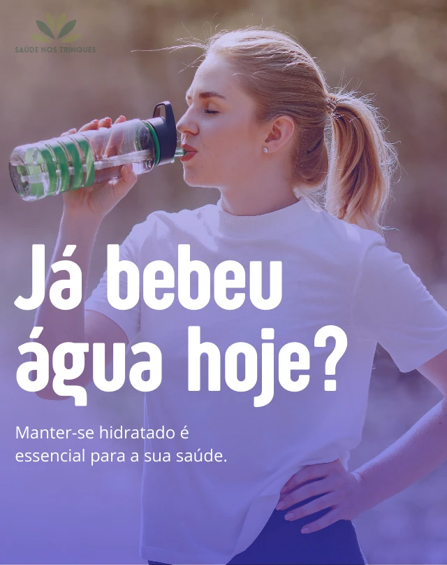 Banner Já bebeu água hoje?. Na imagem uma moça bebendo água ao ar livre.