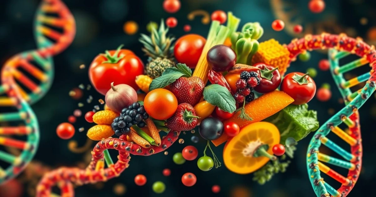 Uma representação artística de marcadores genéticos entrelaçados com frutas e vegetais coloridos que simbolizam a nutrição personalizada, rodeados por espirais abstratas de filamentos de DNA, enfatizando a conexão entre genética e dieta.