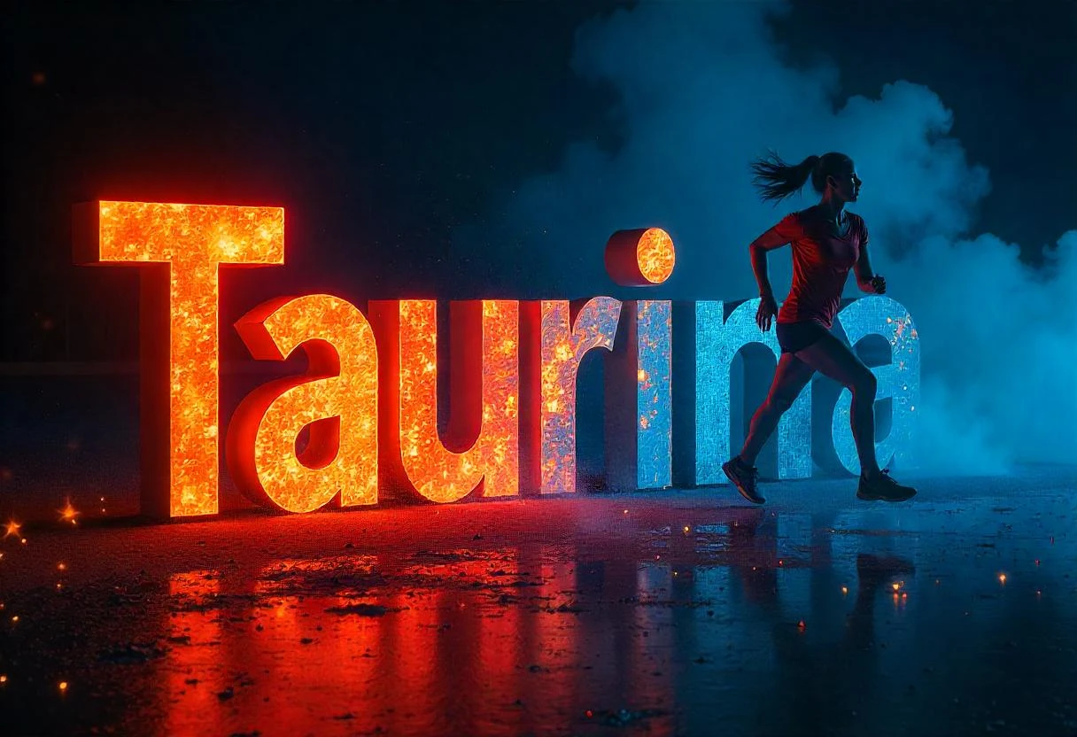 file:///home/claudiano/Blog/Saúde nos Trinques/Saúde nos Trinques/Fotos Post's/Taurina: para que serve, o que é e seus benefícios. Uma atleta correndo em frente a um letreiro gigante com a palavra taurina.