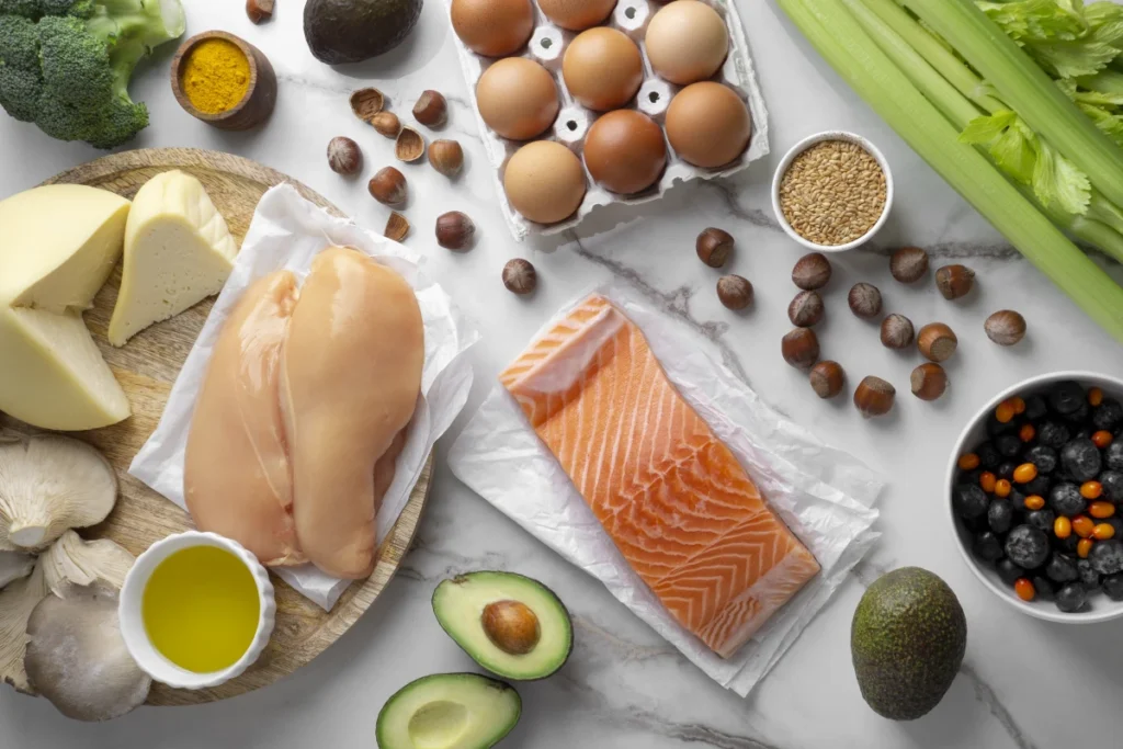 Leptina: O Que É e Como Ela Atua no Emagrecimento. Sobre uma mesa vários alimentos ricos em ricos em proteínas.