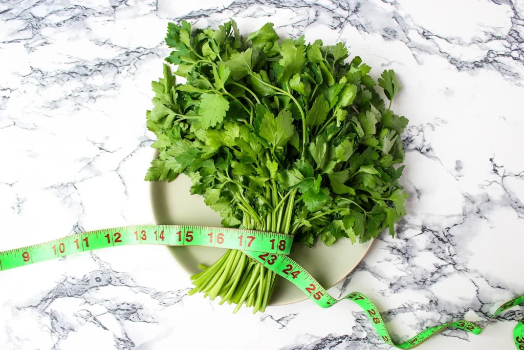 Chá de Salsa Emagrece? 7 Benefícios e Como Preparar. Salsa em um prato verde com uma fita métrica em uma mesa de mármore.