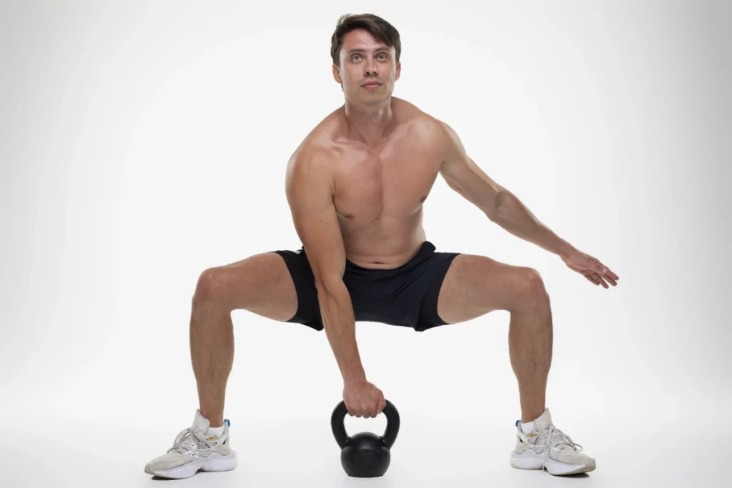 Homem fazendo agachamento sumô com kettlebells.