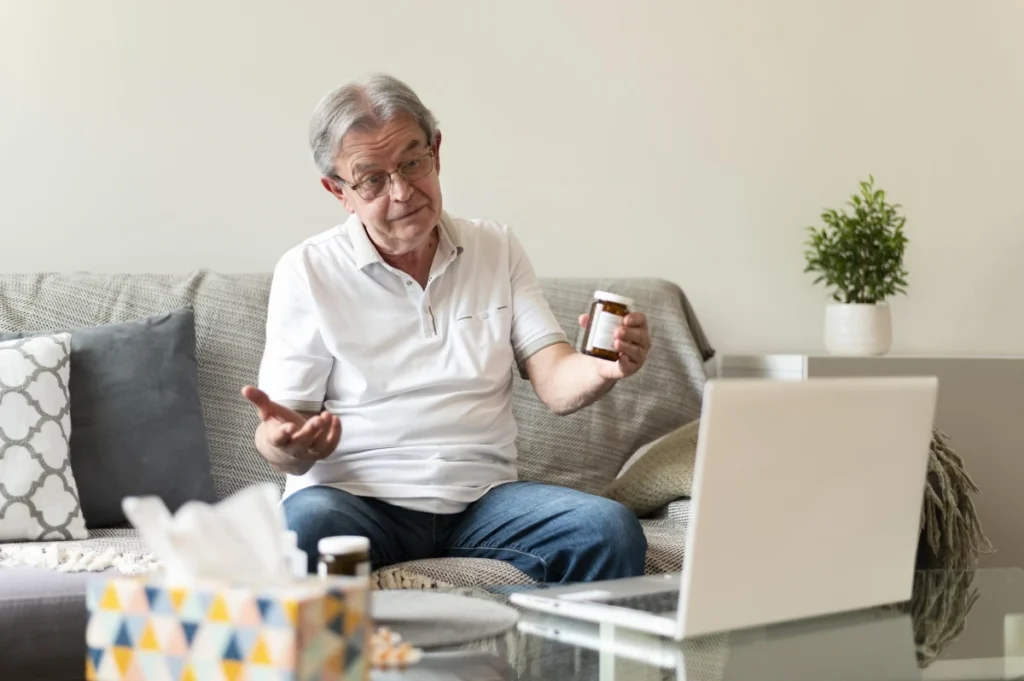 Telemedicina para Idosos: Benefícios e Como Funciona. Homem idoso conversando com o seu médico em um atendimento virtual.