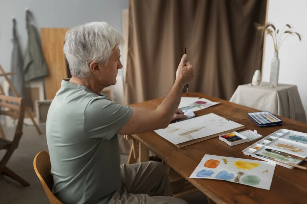 Pessoa idosa pintando com aquarela em estúdio, demonstrando atividades para idosos criativas e artísticas