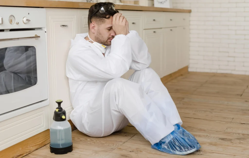Umidade do ar: erros simples que tornam sua casa ainda mais seca. Homem sentado no chão da cozinha vestindo uma proteção com um borrifador ao seu lado.
