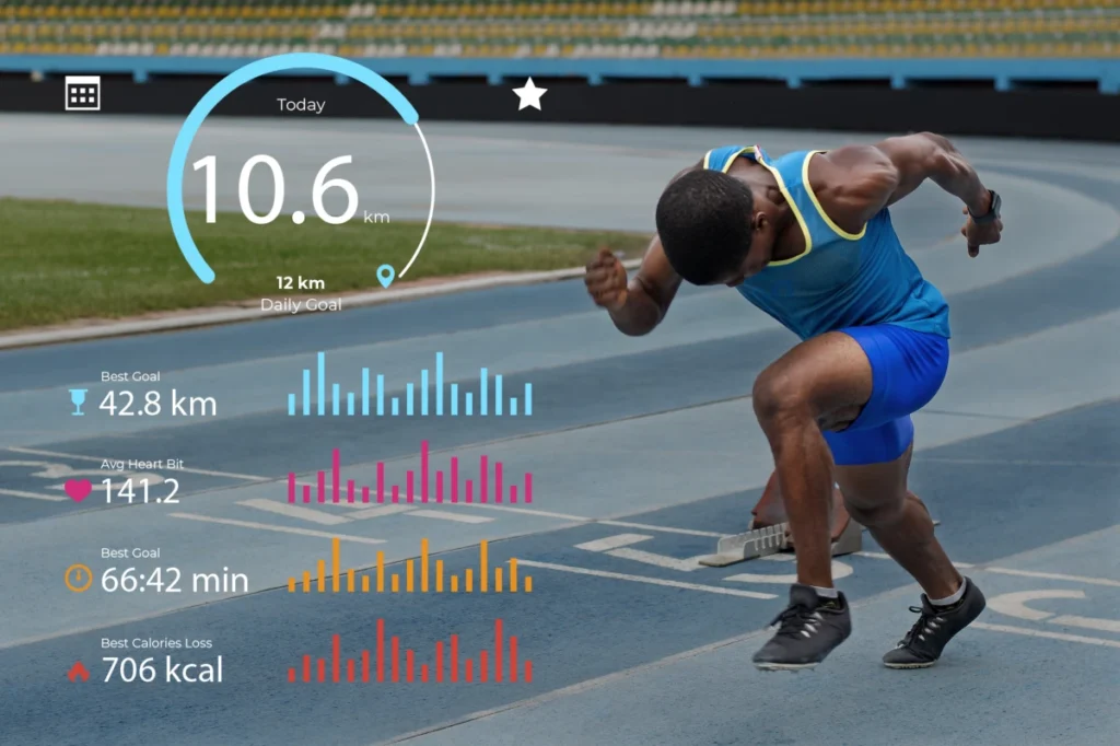 Como Calcular Sua Frequência Cardíaca Máxima. Homem de tiro completo fazendo esporte com estatísticas.